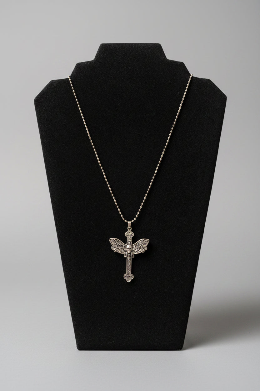 Necklace - Gothic - Pendant - Detailed Cross - with Moth and Skull Motifs