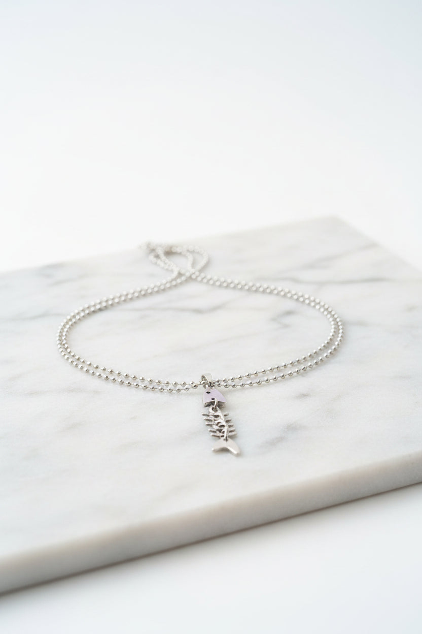 Necklace - Fishbone - Skeleton - Silver Tone - Pendant