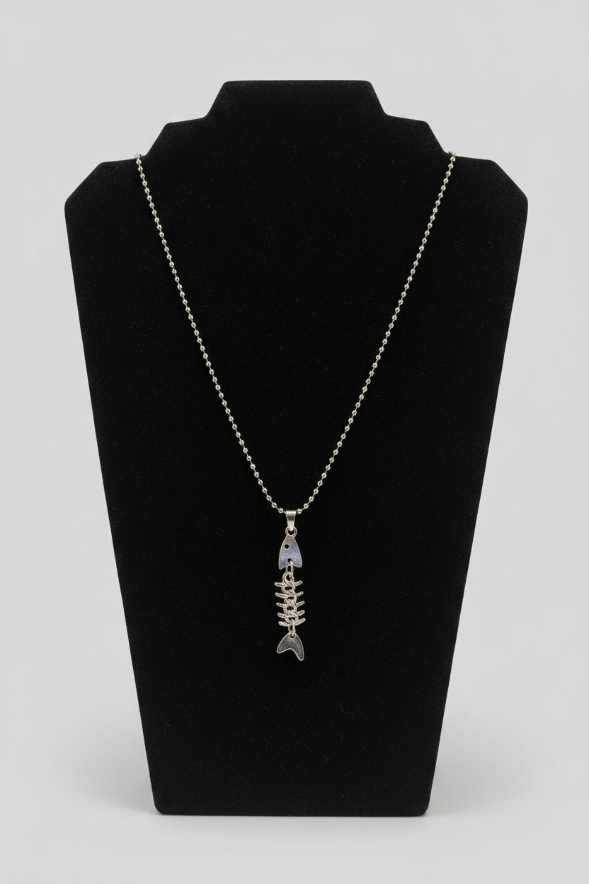 Necklace - Fishbone - Skeleton - Silver Tone - Pendant