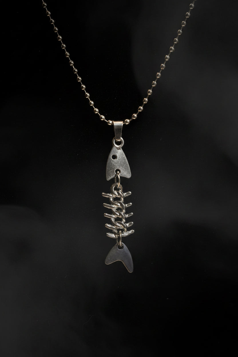 Necklace - Fishbone - Skeleton - Silver Tone - Pendant