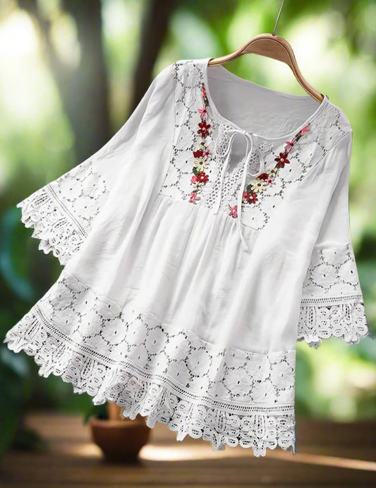 Blouse - White - Floral Lace V Neck