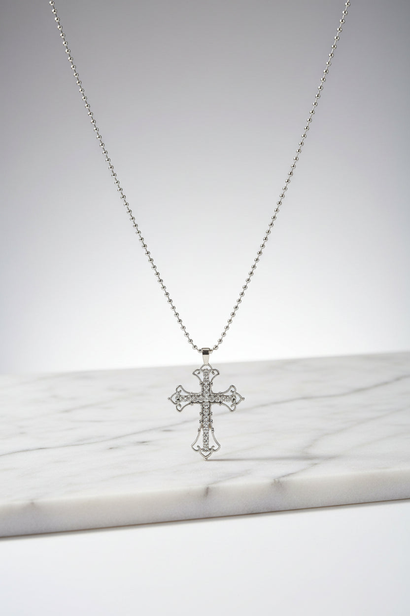 Necklace - Gothic - Silver Tone - Rhinestone - Filigree Cross - Pendant