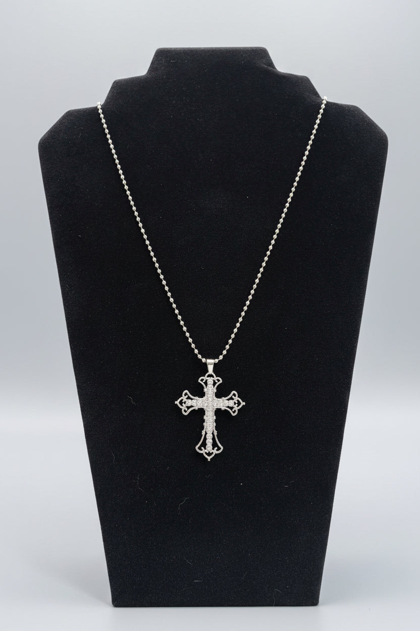 Necklace - Gothic - Silver Tone - Rhinestone - Filigree Cross - Pendant