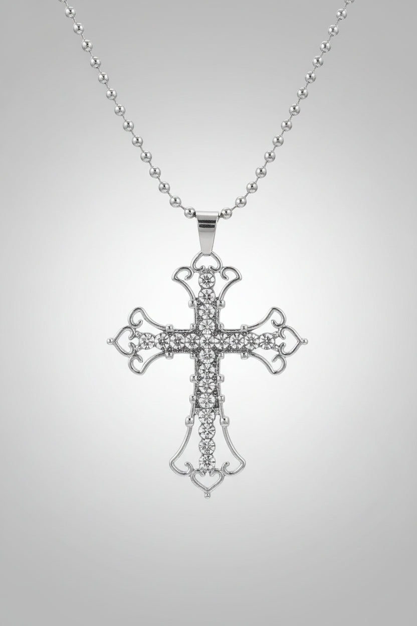 Necklace - Gothic - Silver Tone - Rhinestone - Filigree Cross - Pendant