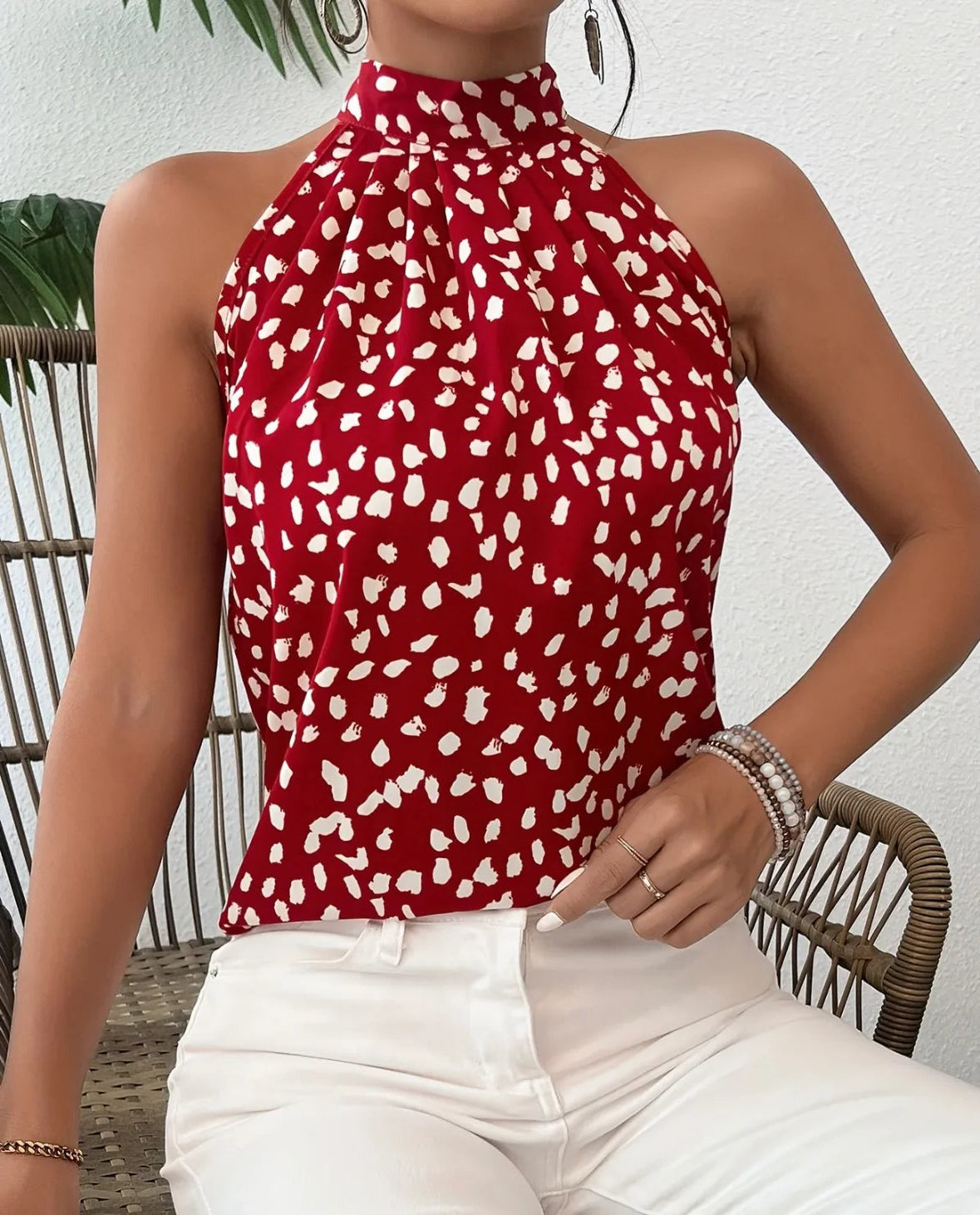Ladies Blouse - Red with White Spots Halter - Asian XXL/ US XL