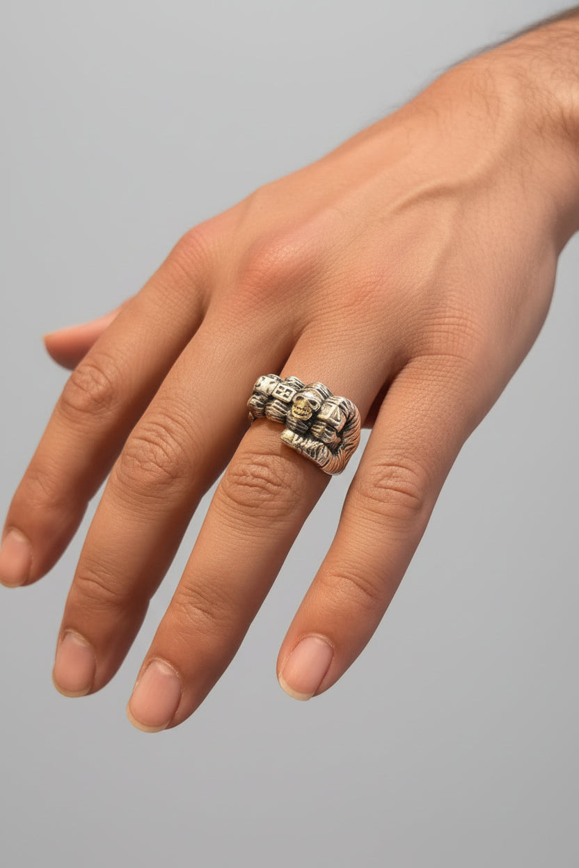 Ring - Sterling Silver -  Clenched Fist - with Skull Design - Open Ended - Size 8