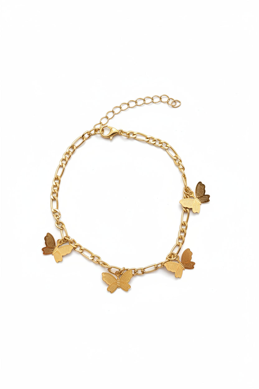 Anklet - Gold Tone - Link Chain - with Attached Butterfly Charms - Size : 8 - 8.25"