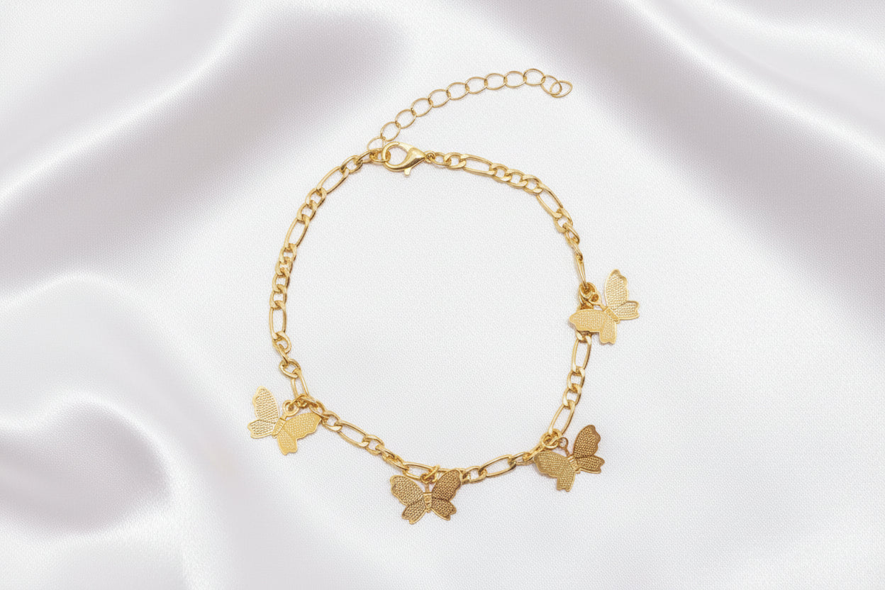 Anklet - Gold Tone - Link Chain - with Attached Butterfly Charms - Size : 8 - 8.25"