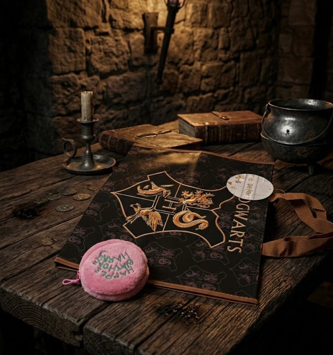 Harry Potter - Pink Furry Coin Purse with Green Carabiner Keychain