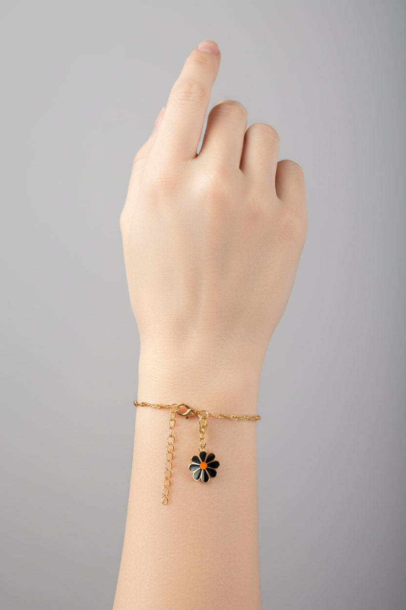 Bracelet - Gold Tone - Twisted Rope - with Black & Yellow Daisy Charm - Size 7"