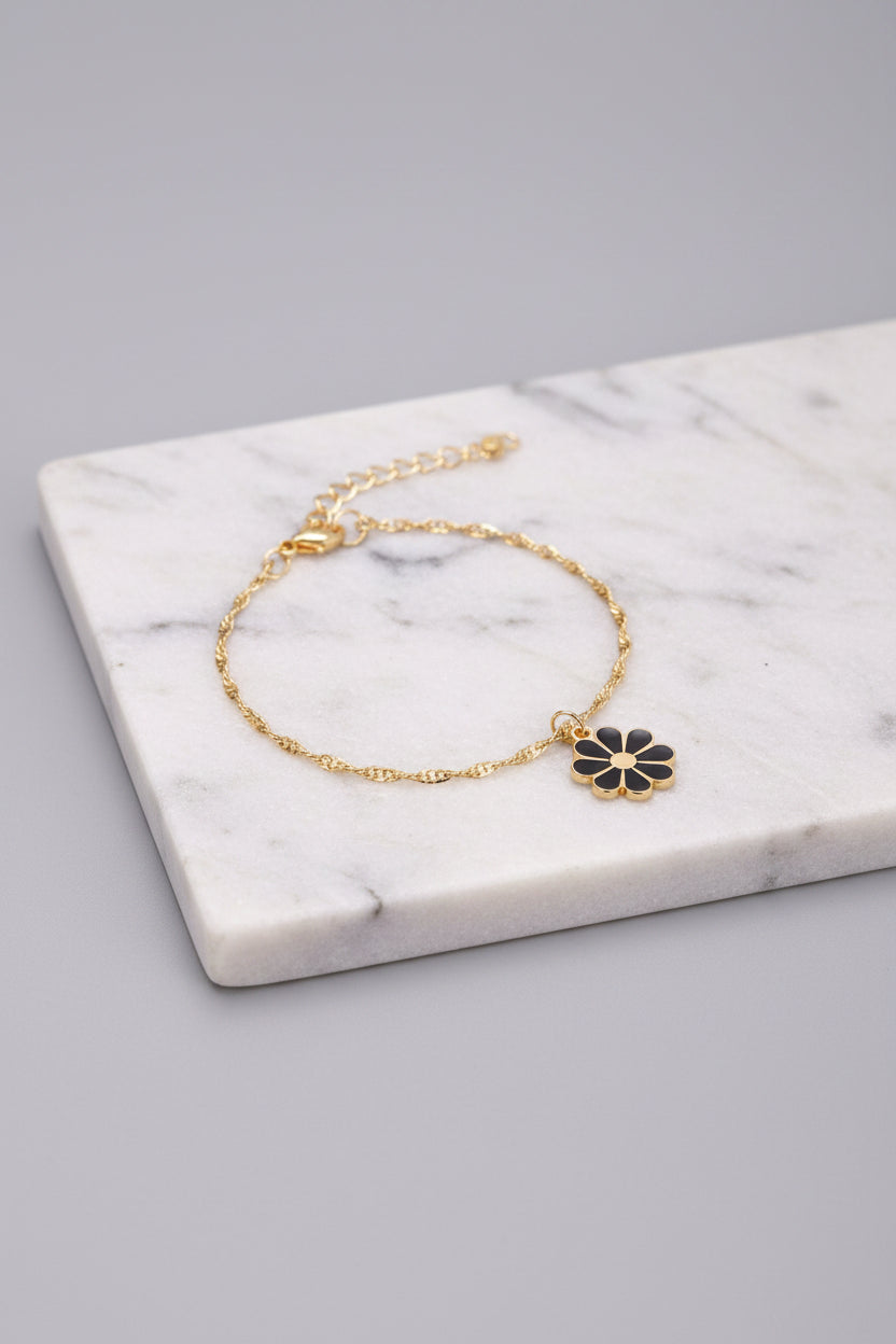 Bracelet - Gold Tone - Twisted Rope - with Black & Yellow Daisy Charm - Size 7"