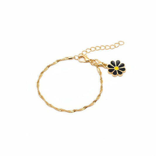 Bracelet - Gold Tone - Twisted Rope - with Black & Yellow Daisy Charm - Size 7"