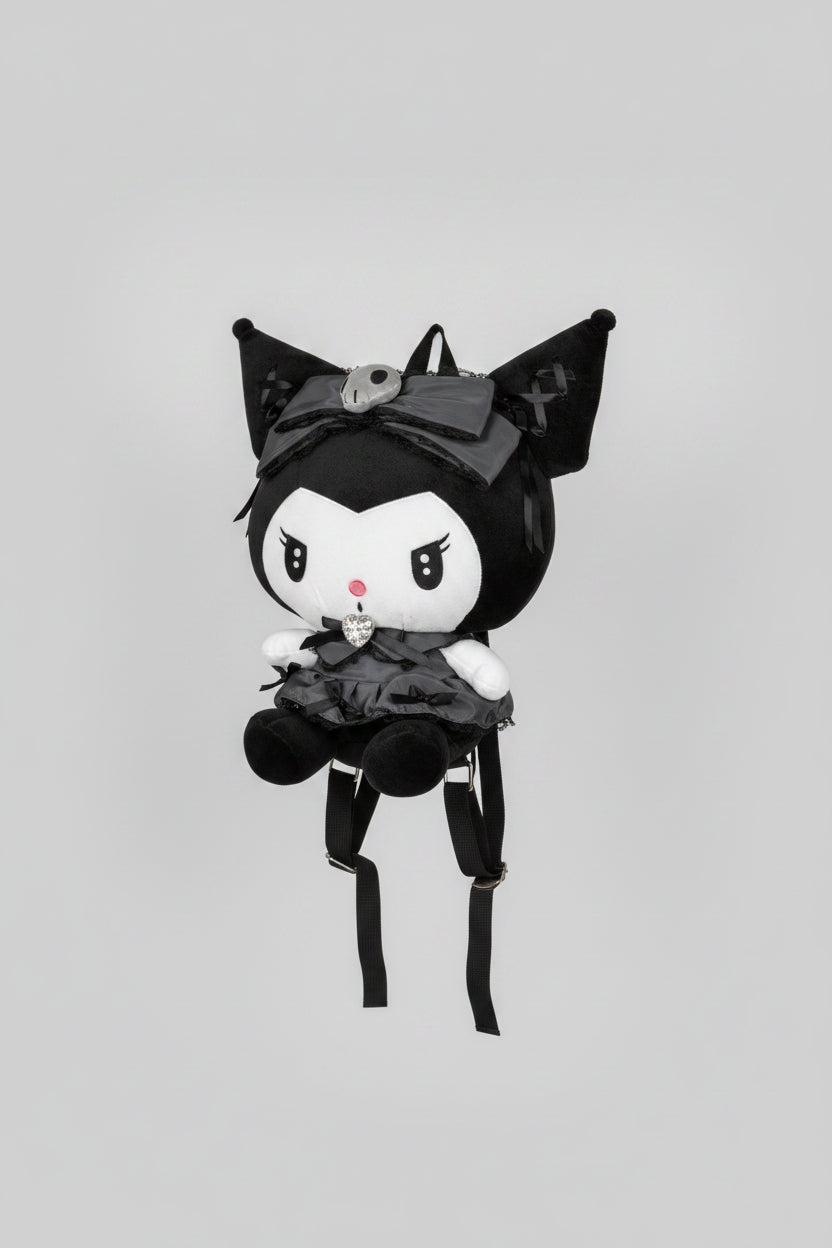 Plush Backpack - Sanrio - Kuromi -  in a Lolita-inspired Satin Black Dress - 12"x19"