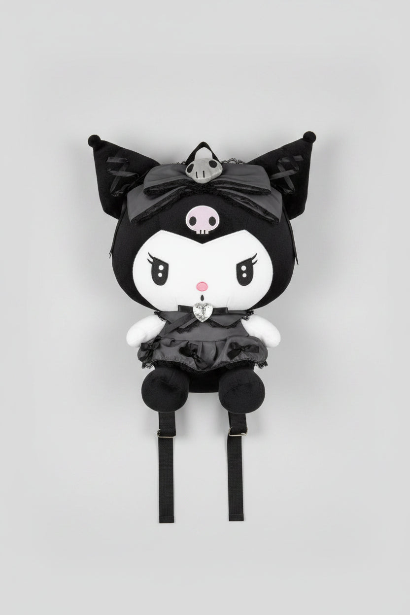 Plush Backpack - Sanrio - Kuromi -  in a Lolita-inspired Satin Black Dress - 12"x19"
