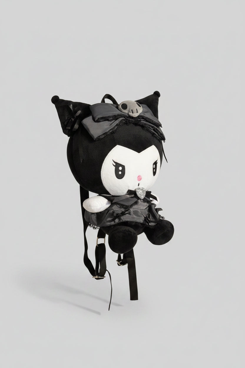 Plush Backpack - Sanrio - Kuromi -  in a Lolita-inspired Satin Black Dress - 12"x19"