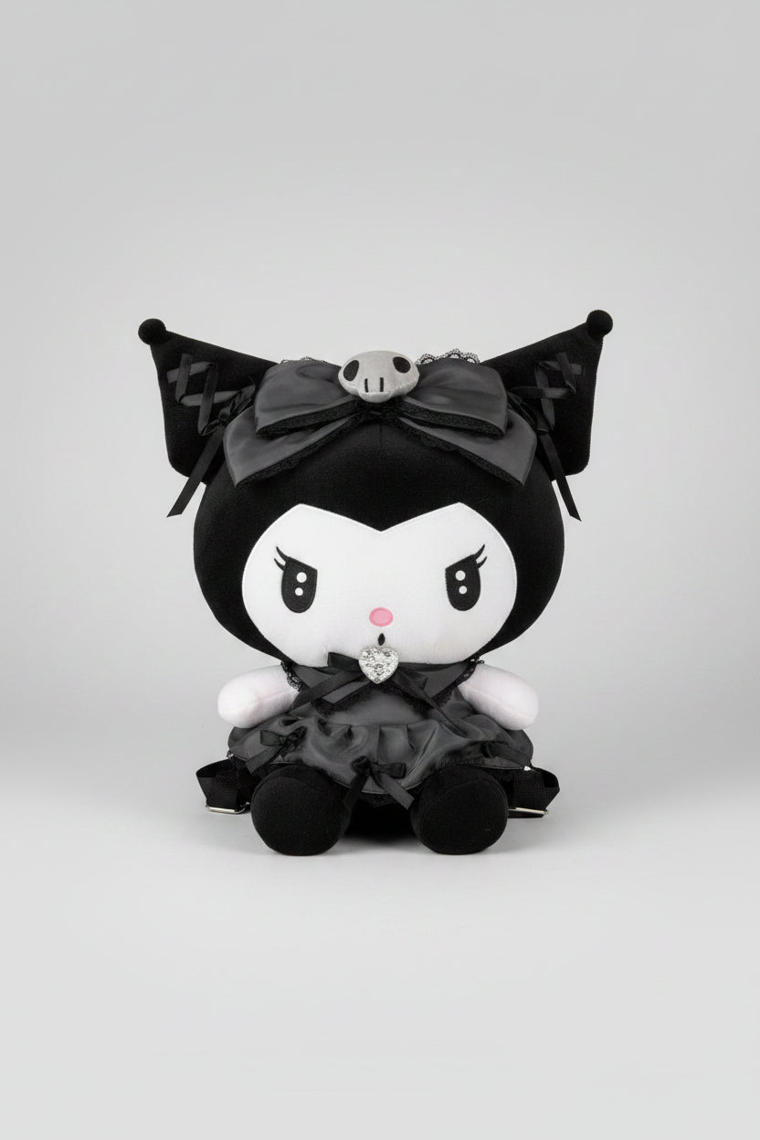 Plush Backpack - Sanrio - Kuromi -  in a Lolita-inspired Satin Black Dress - 12"x19"