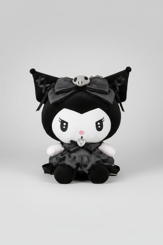 Plush Backpack - Sanrio - Kuromi -  in a Lolita-inspired Satin Black Dress - 12"x19"