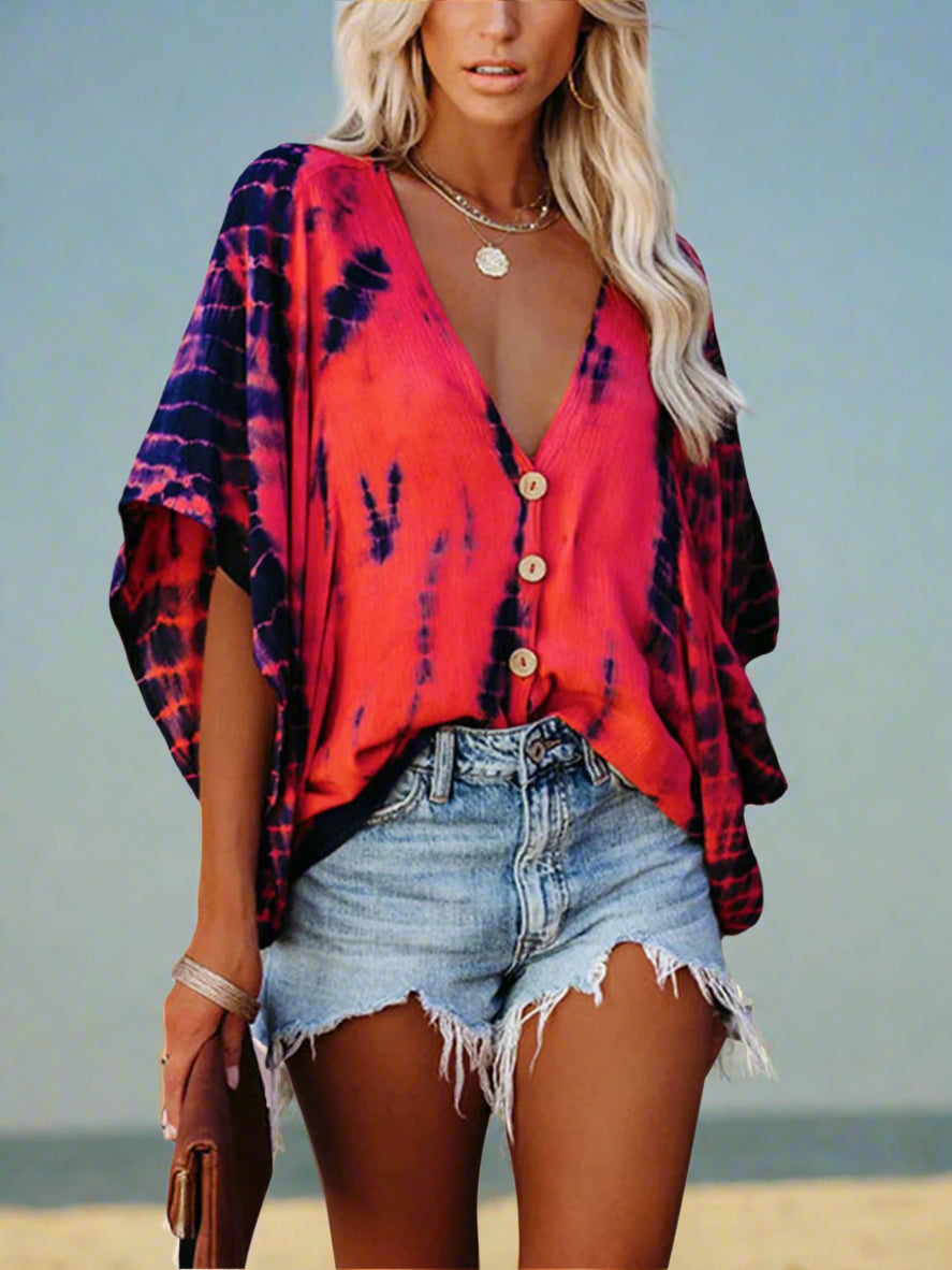 Woman's Shirt - Tie Dye - Batwing Sleeve - Deep V Neck - UHNDY