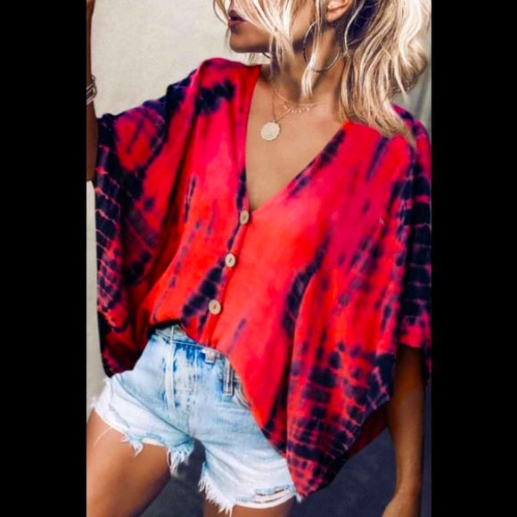Woman's Shirt - Tie Dye - Batwing Sleeve - Deep V Neck - UHNDY