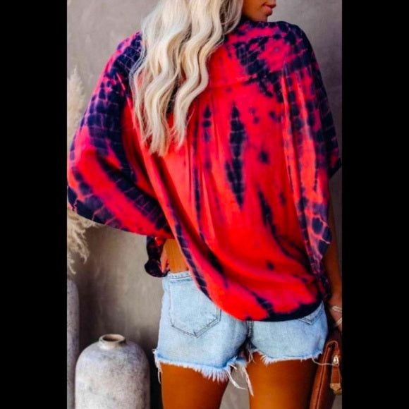 Woman's Shirt - Tie Dye - Batwing Sleeve - Deep V Neck - UHNDY