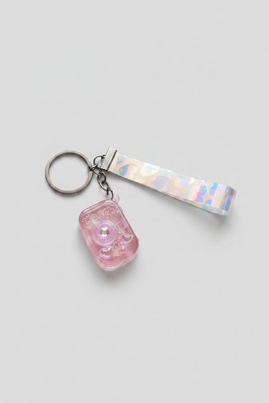 Keychain - Pink Transparent Kawaii Camera Charm with Iridescent Heart Print Wristlet
