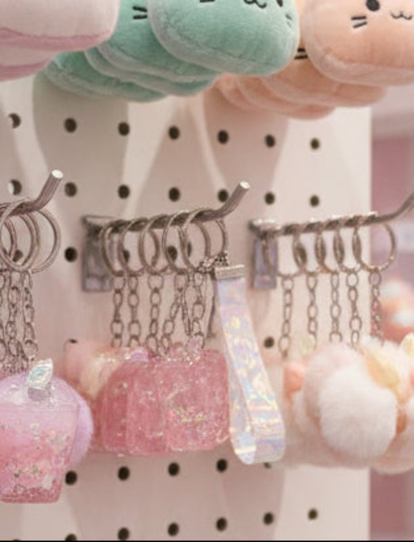Keychain - Pink Transparent Kawaii Camera Charm with Iridescent Heart Print Wristlet
