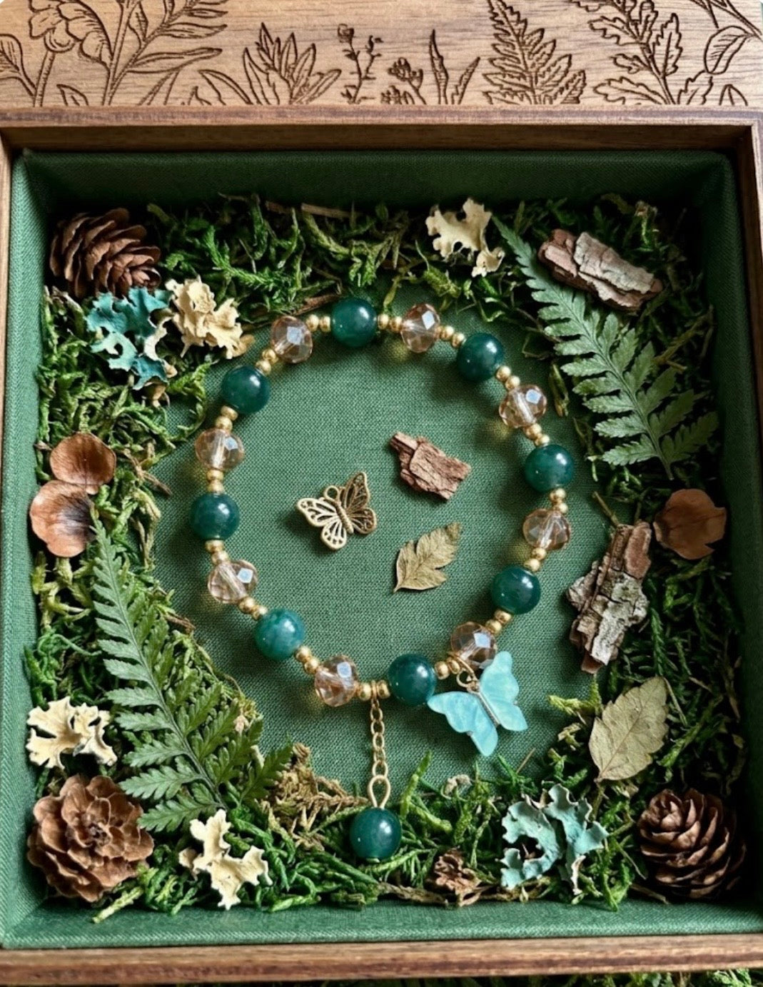 Bracelet - Stretch - Green and Champagne Beads & Gold Spacer Beads & Butterfly Charm