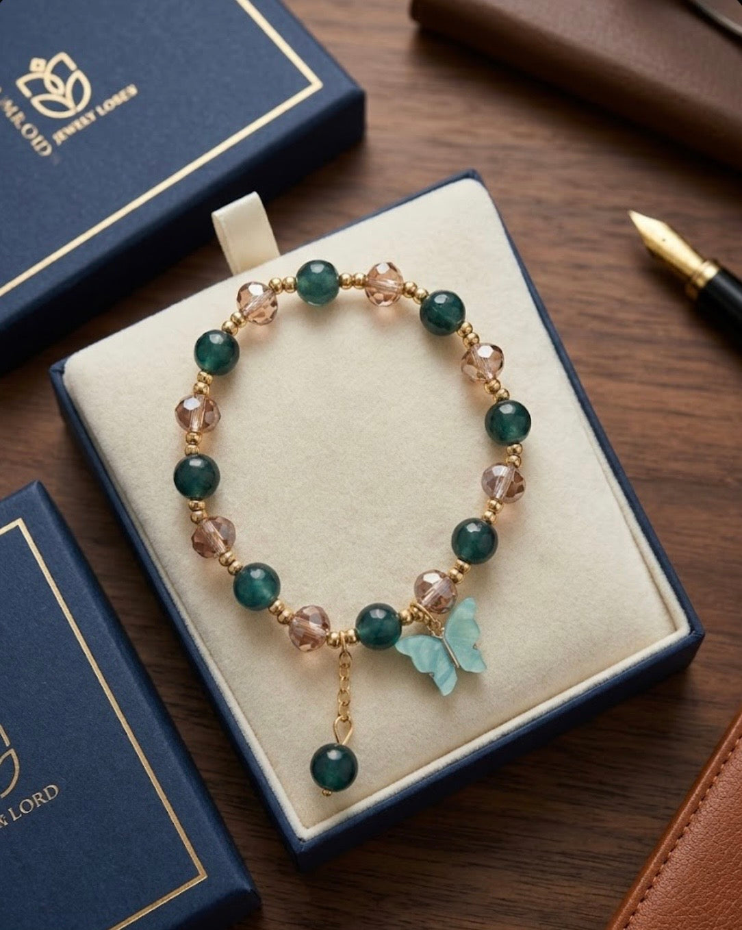 Bracelet - Stretch - Green and Champagne Beads & Gold Spacer Beads & Butterfly Charm