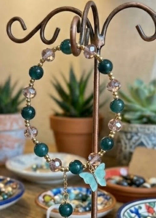 Bracelet - Stretch - Green and Champagne Beads & Gold Spacer Beads & Butterfly Charm