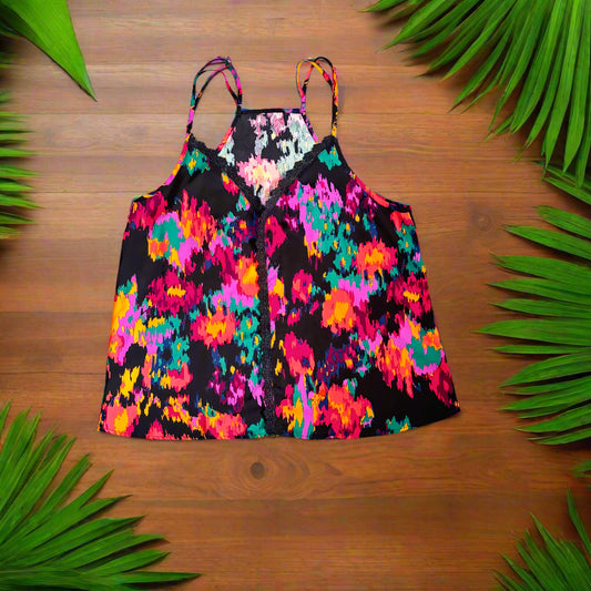 Ladies Cami Top - Vibrant Abstract Print with Black Lace Accent