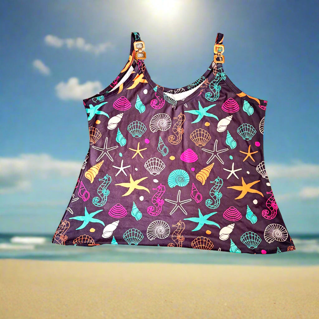 Ladies Tank Top - Seashell Print with Golden Metal Buckle Accents