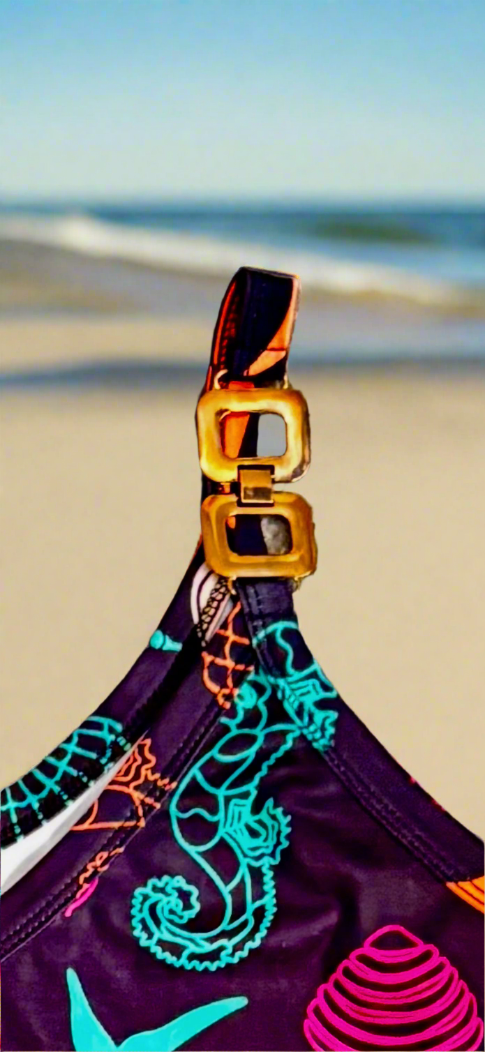 Ladies Tank Top - Seashell Print with Golden Metal Buckle Accents