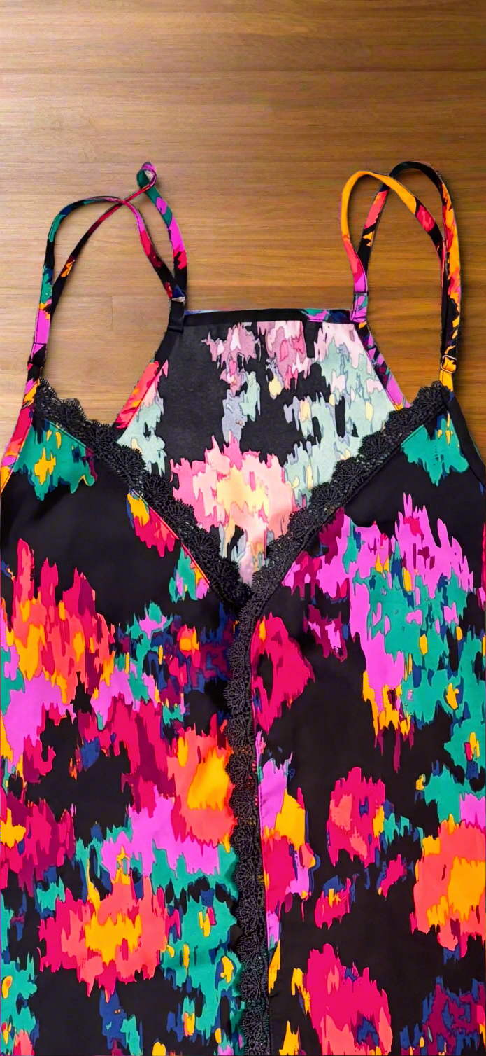 Ladies Cami Top - Vibrant Abstract Print with Black Lace Accent
