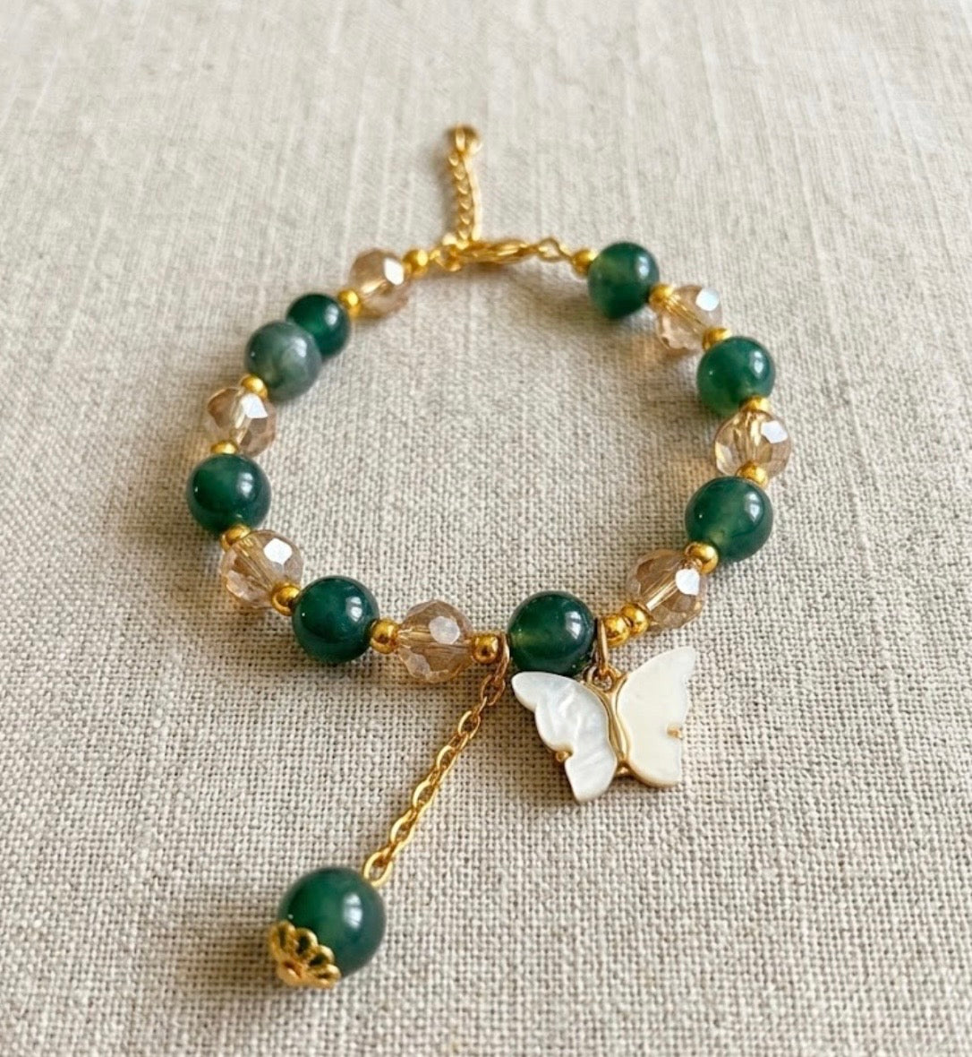 Bracelet - Stretch - Green and Champagne Beads & Gold Spacer Beads & Butterfly Charm