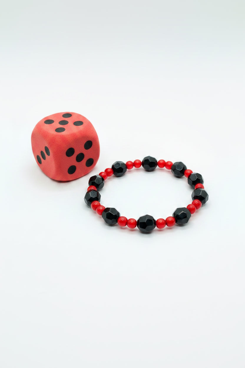 Bracelet - Red & Black Glass Beads with Matching Dice - 2 pc Set