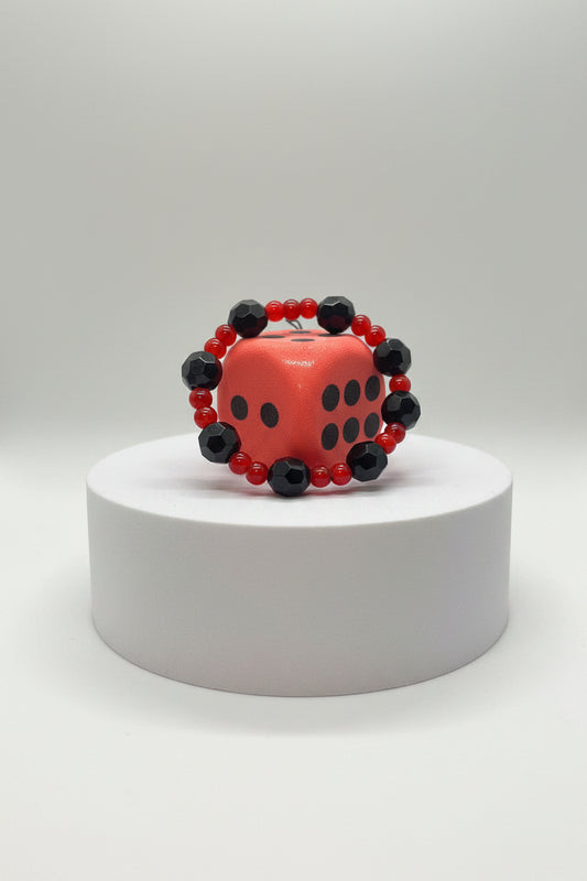 Bracelet - Red & Black Glass Beads with Matching Dice - 2 pc Set