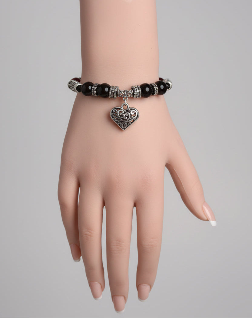 Bracelet - Stretch - Glass Beaded Multicolored - with Filigree Silver Heart Charm