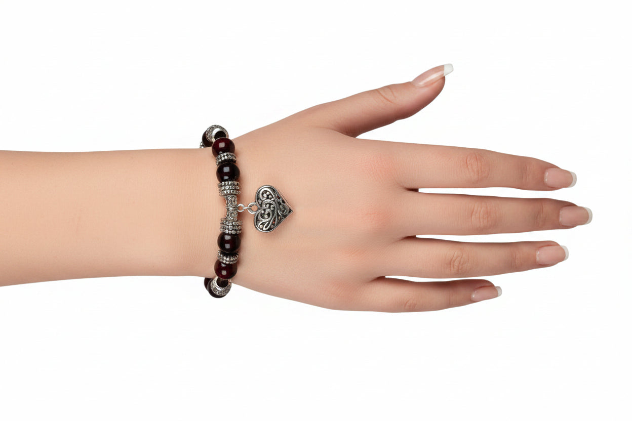 Bracelet - Stretch - Glass Beaded Multicolored - with Filigree Silver Heart Charm