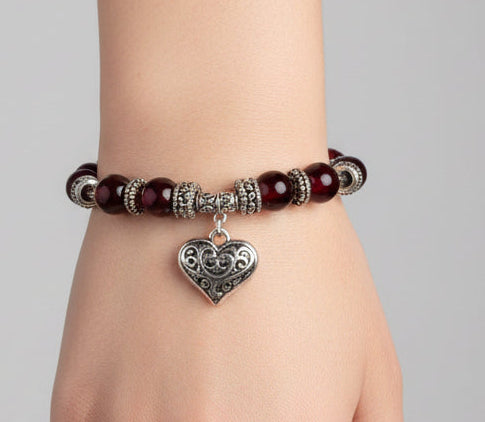 Bracelet - Stretch - Glass Beaded Multicolored - with Filigree Silver Heart Charm