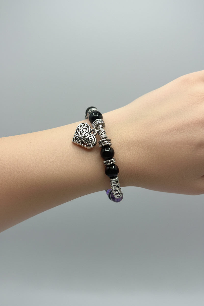 Bracelet - Stretch - Glass Beaded Multicolored - with Filigree Silver Heart Charm
