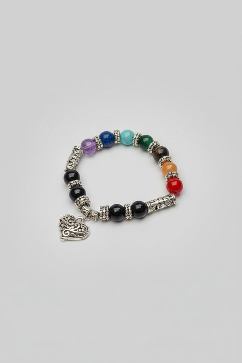 Bracelet - Stretch - Glass Beaded Multicolored - with Filigree Silver Heart Charm