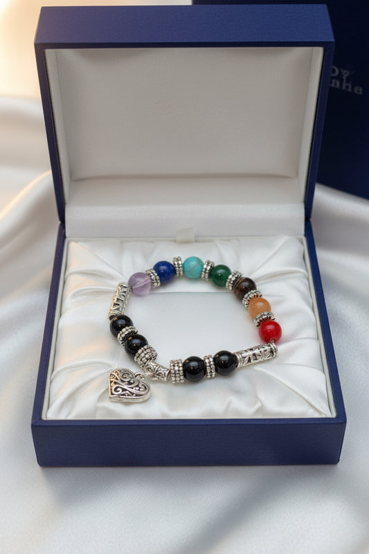 Bracelet - Stretch - Glass Beaded Multicolored - with Filigree Silver Heart Charm