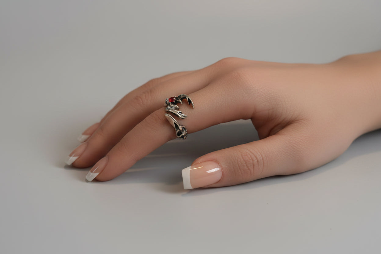 Ring - Sterling Silver Scorpion Open End with Red Jewel - Size 8