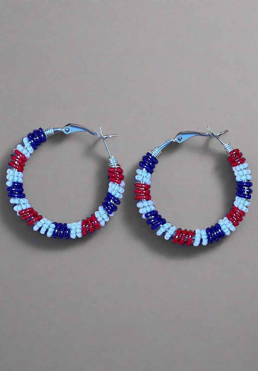 Earrings - Patriotic Red, White, and Blue Beaded Hoops