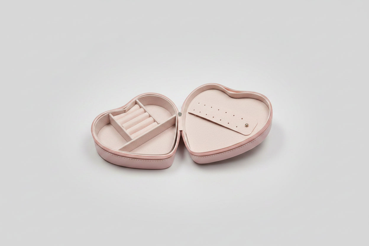 Travel Jewelry Box - Zippered -  Pale Pink - Heart Shaped