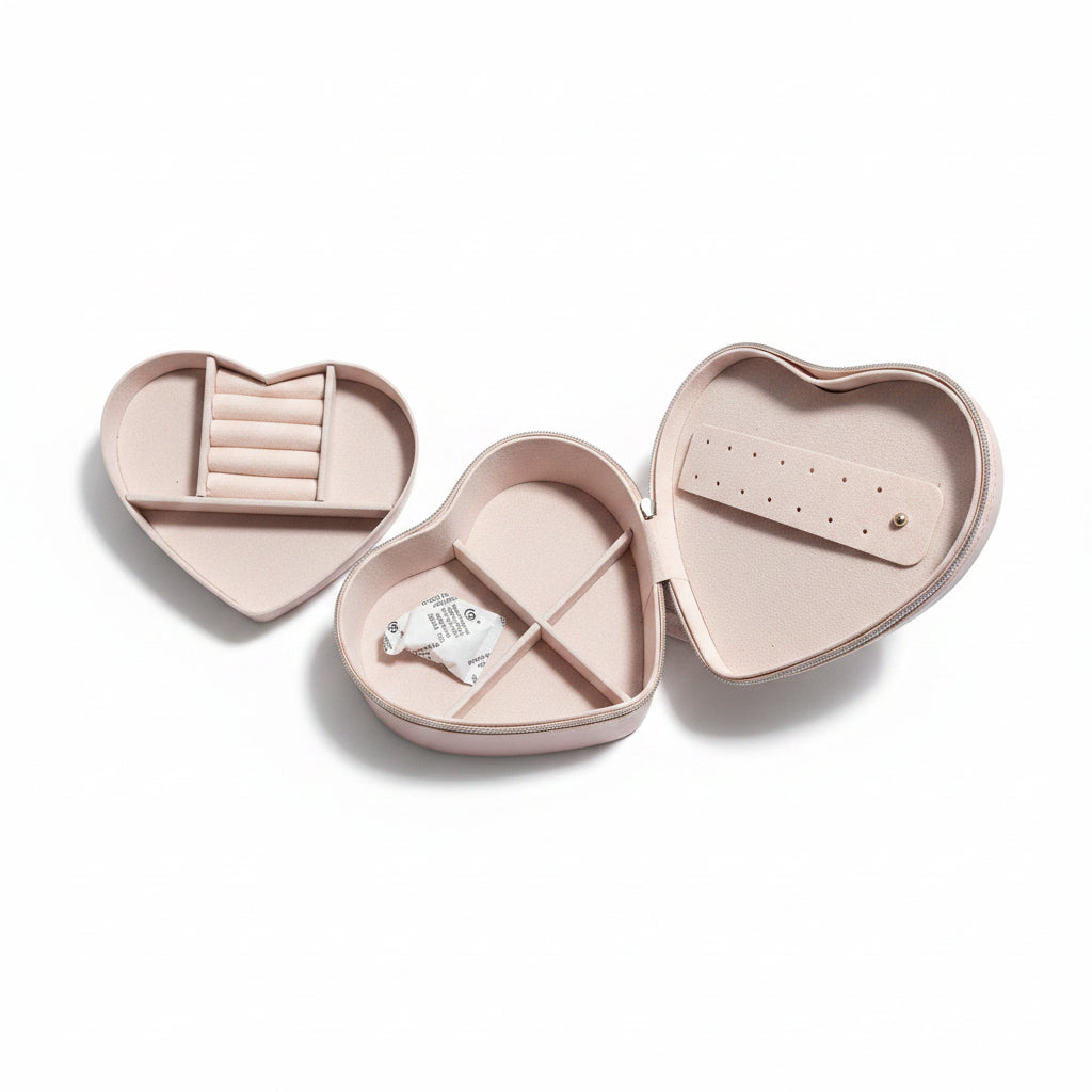 Travel Jewelry Box - Zippered -  Pale Pink - Heart Shaped
