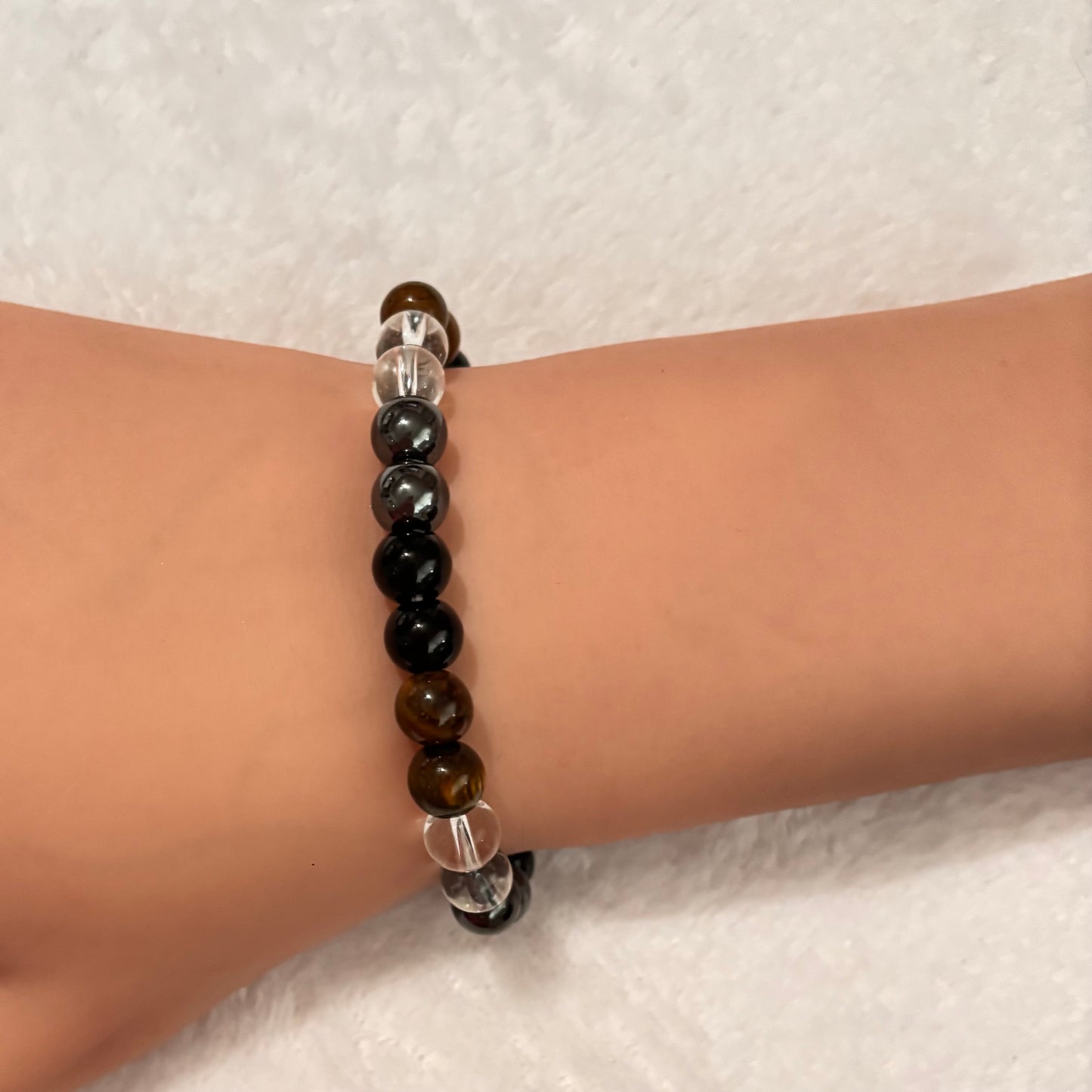 Bracelet - Beaded - Clear Quartz, Tiger's Eye, Obsidian, and Hematite