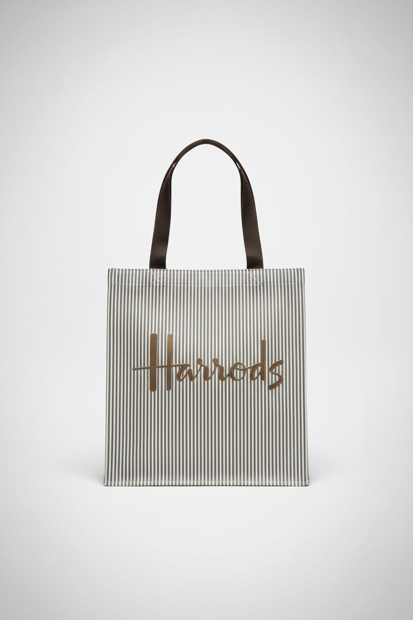 Tote Bag -  Harrods - Dark Green and White Pinstripe -  Vinyl
