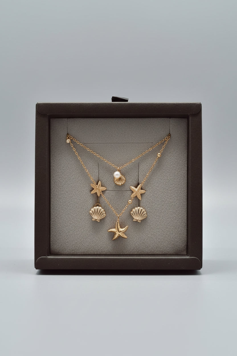 Necklace - Double Strand 2 Earring Set - Gold tone Stainless Steel - 3 Piece Set