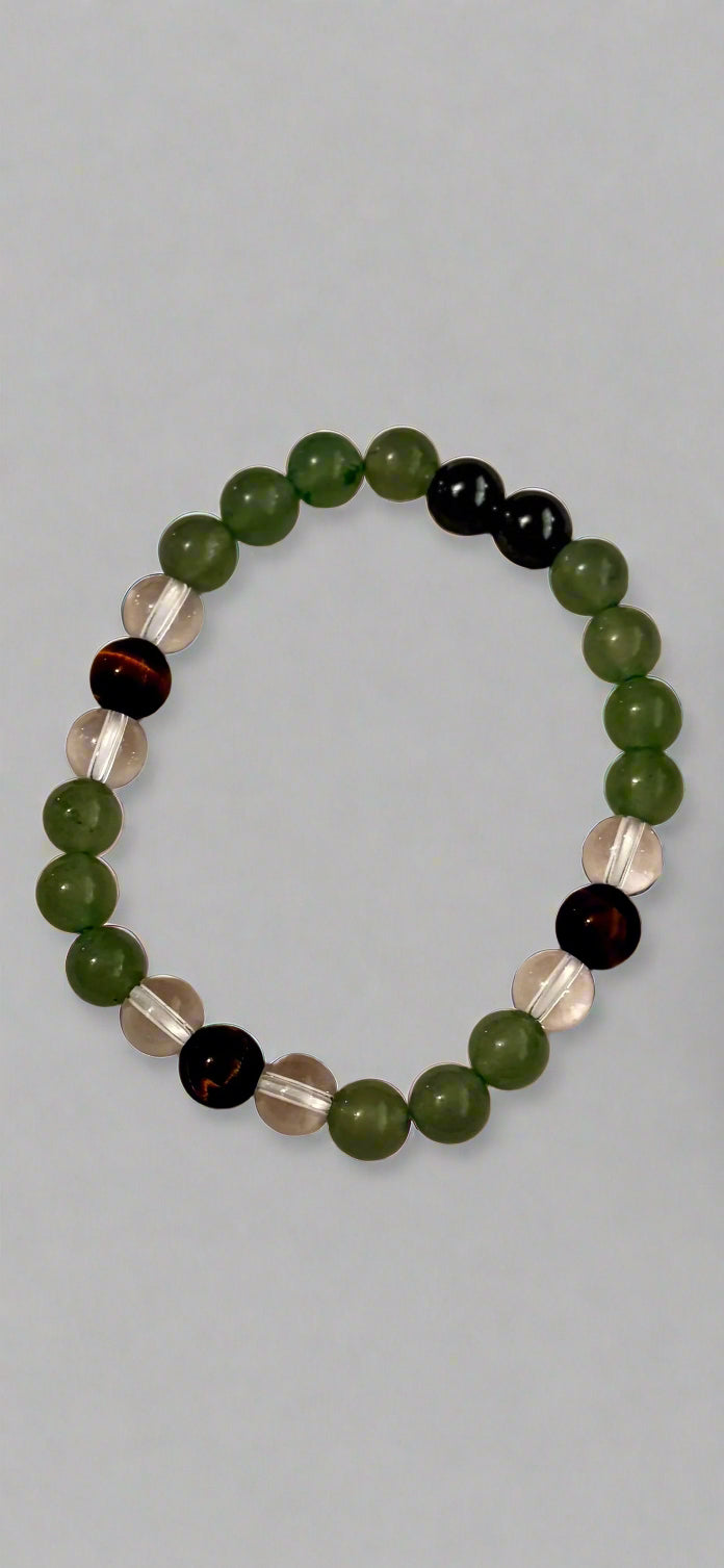 Bracelet - Beaded - Clear Quartz, Tiger's Eye, Hematite, and Green Aventurine